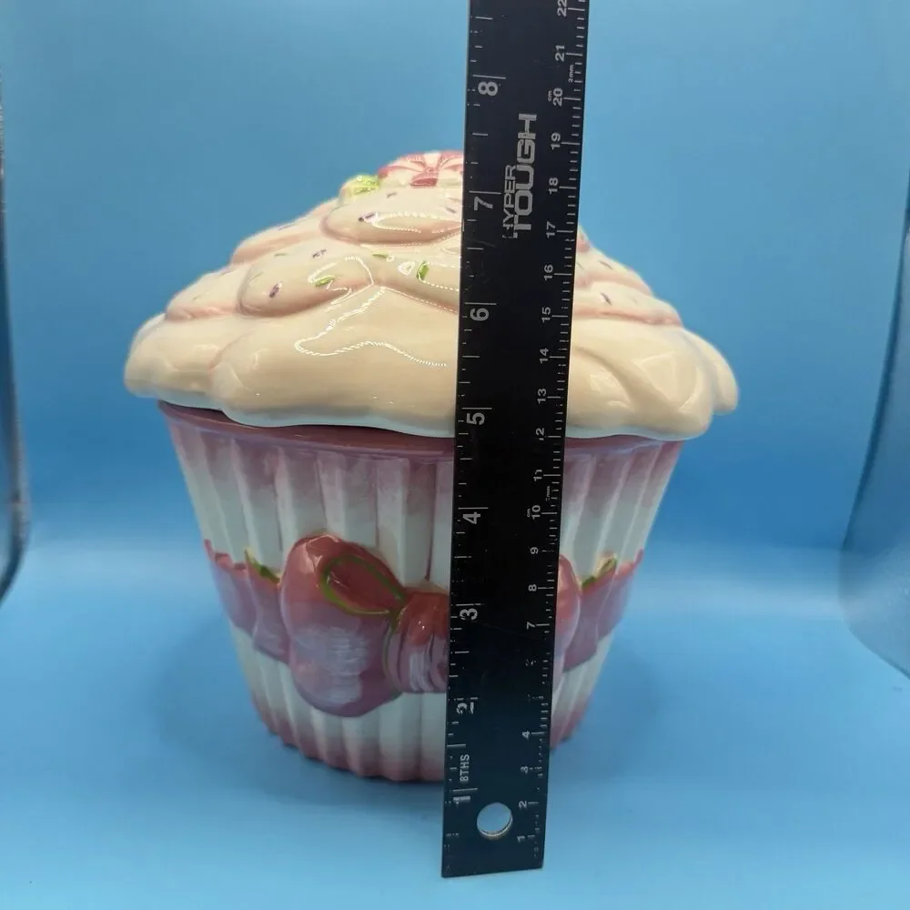 Deb Malewski Next Day Art Cupcake Cookie Jar Pink Bow Ceramic Canister 7”